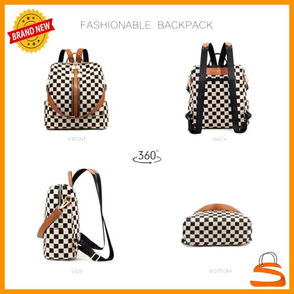 Checkered Canvas Backpack Purse for Women with Multiple Pockets Travel Daypack